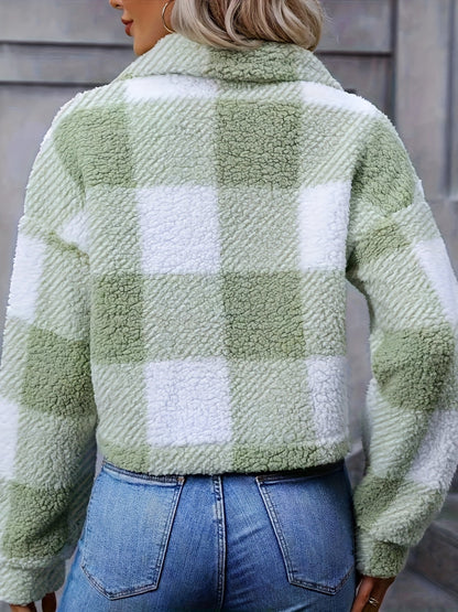 Women's Plaid Button Front Cropped Jacket - Sage Green Plaid