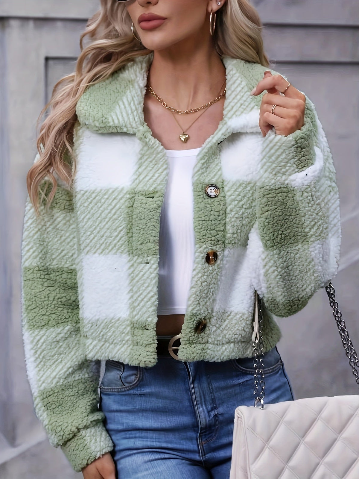 Women's Plaid Button Front Cropped Jacket - Sage Green Plaid