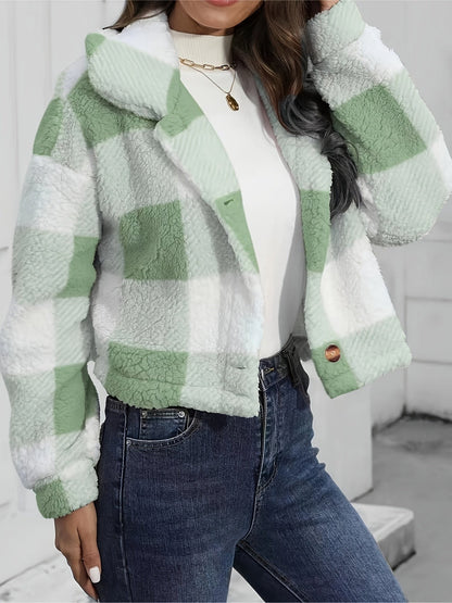 Women's Plaid Button Front Cropped Jacket - Sage Green Plaid