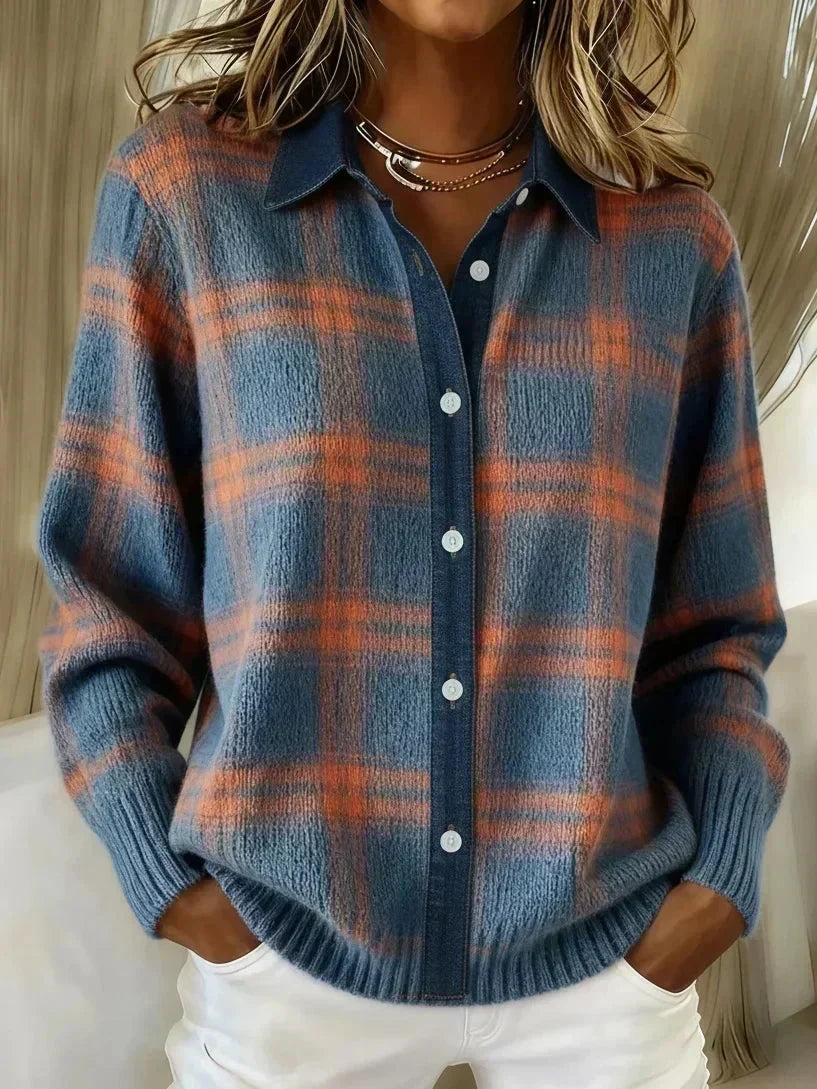 Women's Plaid Button-Front Knit Cardigan - Blue Plaid