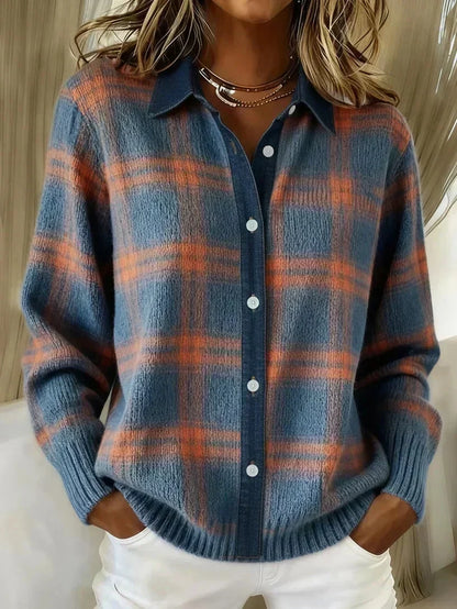 Women's Plaid Button-Front Knit Cardigan - Blue Plaid