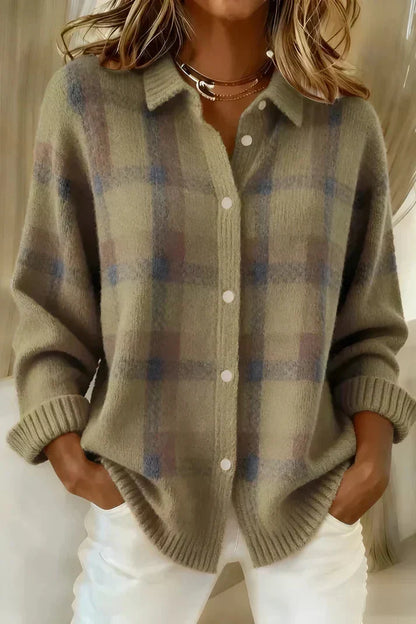 Women's Plaid Button-Front Knit Cardigan - Brown Plaid