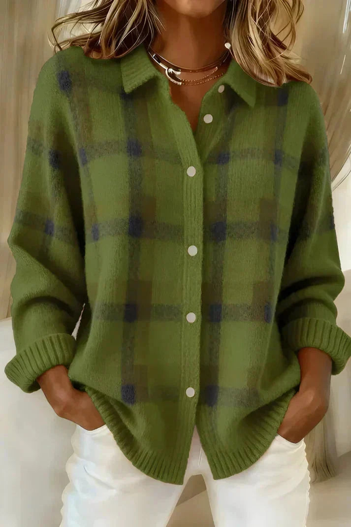 Women's Plaid Button-Front Knit Cardigan - Green Plaid