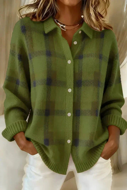 Women's Plaid Button-Front Knit Cardigan - Green Plaid