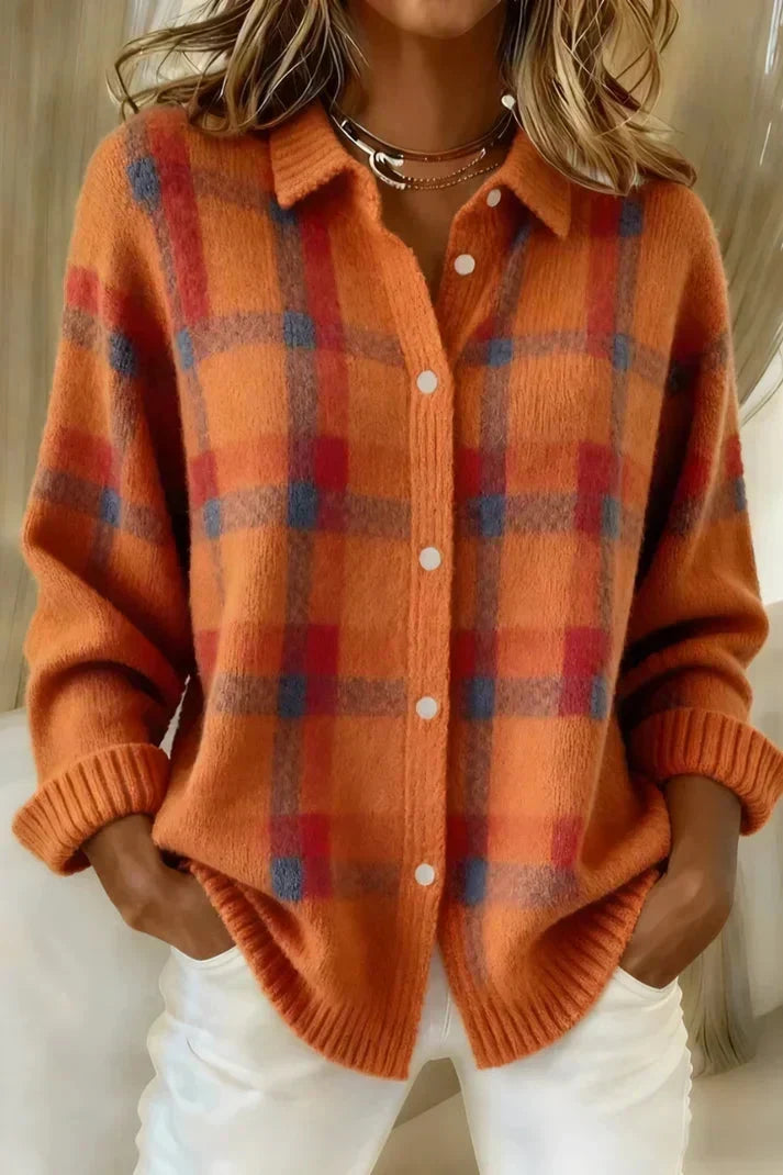 Women's Plaid Button-Front Knit Cardigan - Orange Plaid