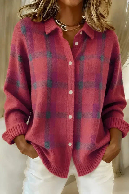 Women's Plaid Button-Front Knit Cardigan - Pink Plaid