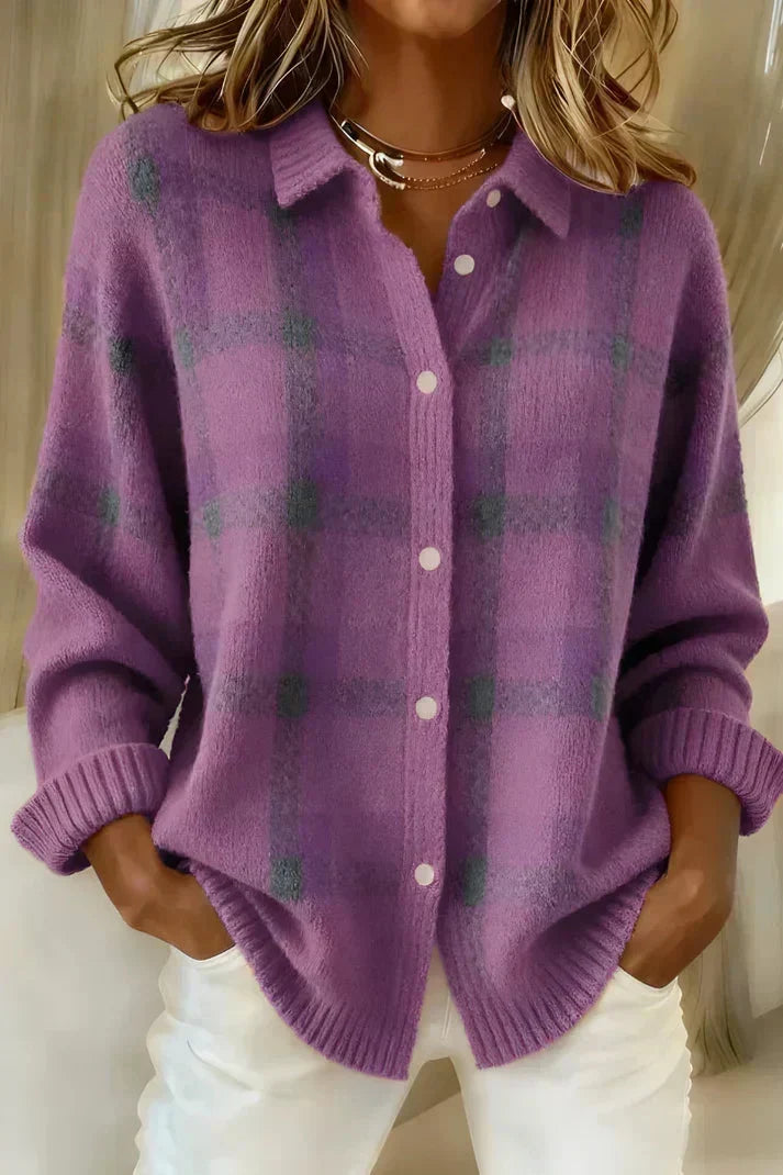 Women's Plaid Button-Front Knit Cardigan - Purple Plaid