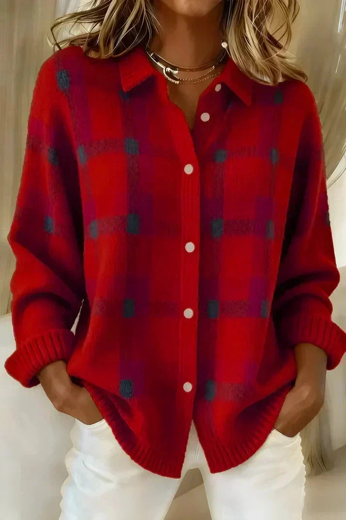 Women's Plaid Button-Front Knit Cardigan - Red Plaid