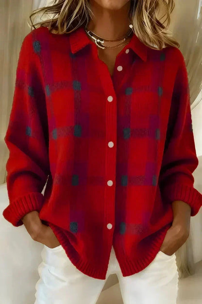 Women's Plaid Button-Front Knit Cardigan - Red Plaid