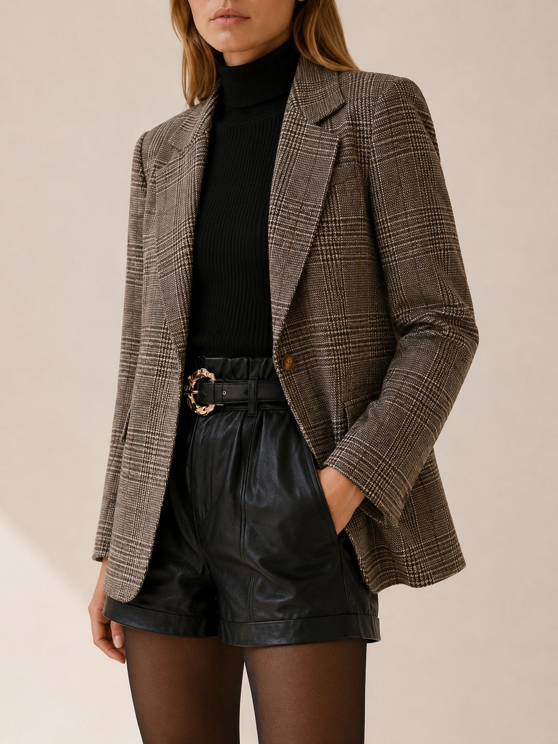 Women's Plaid Notch Lapel Blazer - Brown Plaid