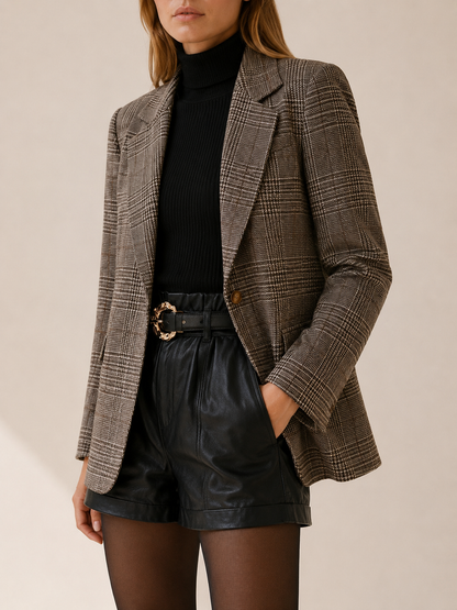 Women's Plaid Notch Lapel Blazer - Brown Plaid