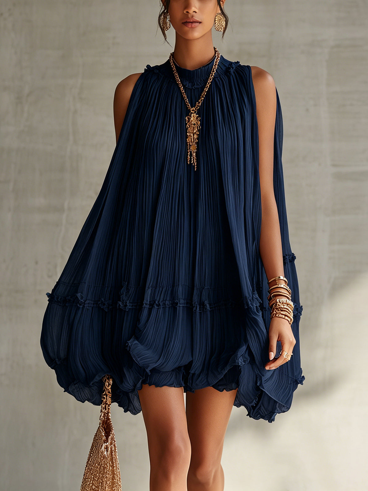 Women's Pleated Halter Neck Cocktail Mini Dress - Navy Blue
