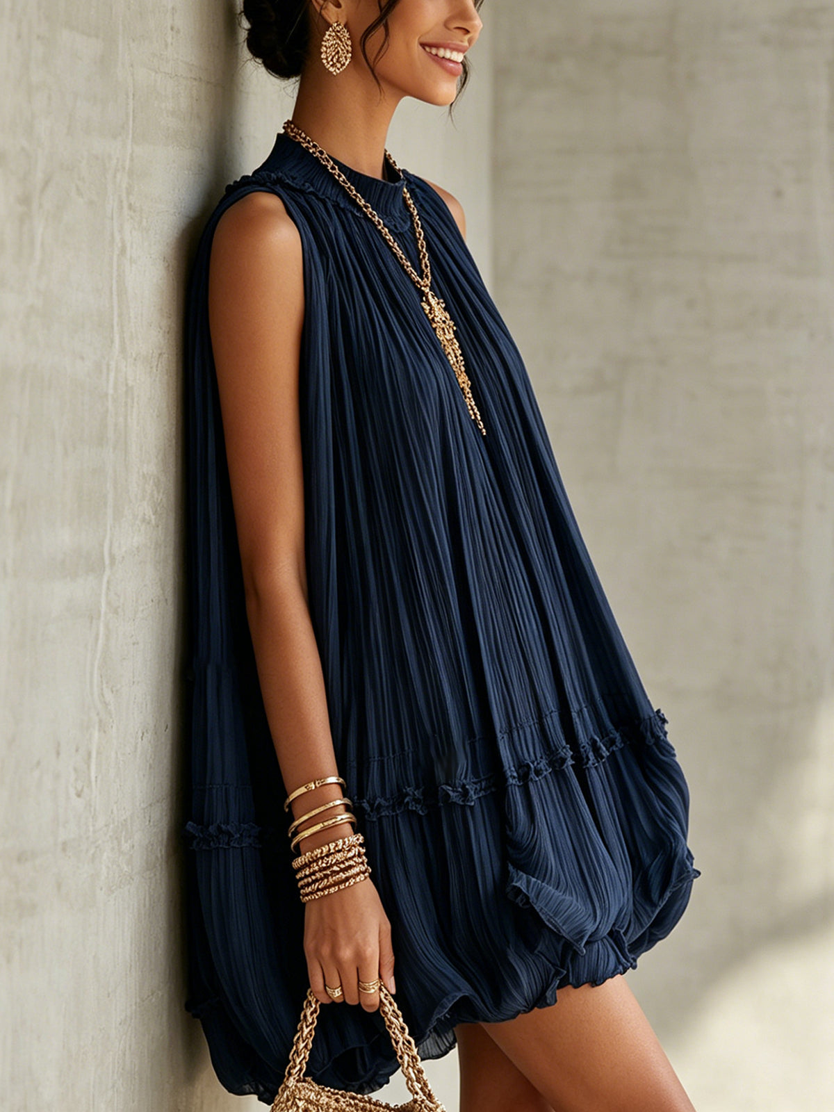 Women's Pleated Halter Neck Cocktail Mini Dress - Navy Blue