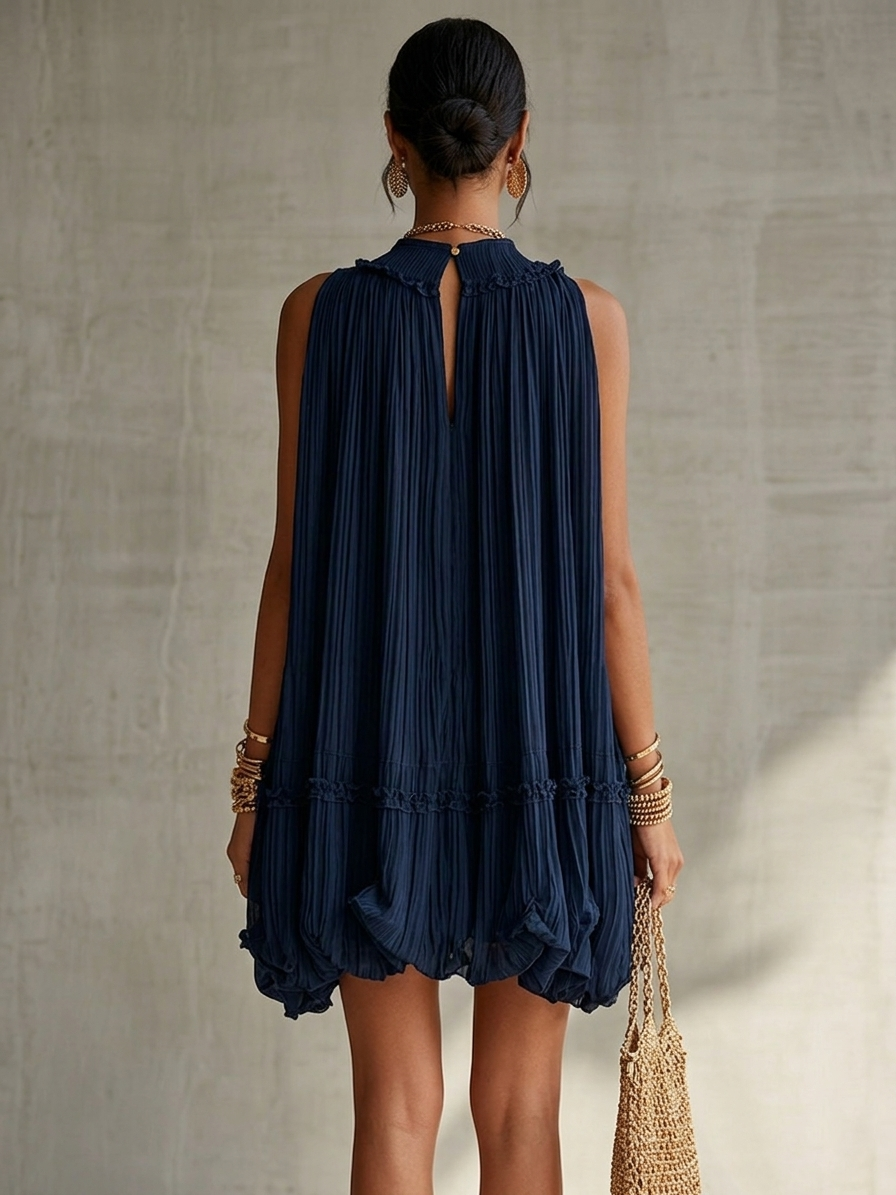 Women's Pleated Halter Neck Cocktail Mini Dress - Navy Blue