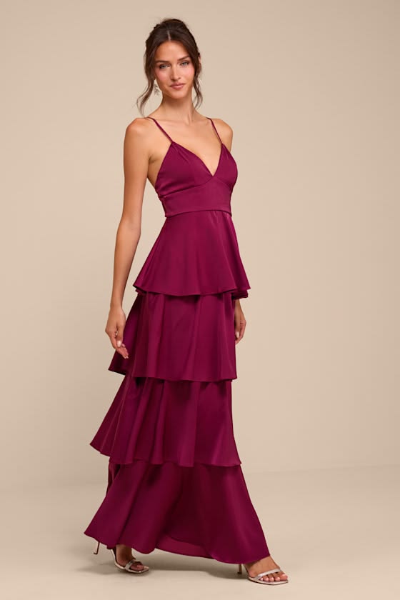 Women's Plum Satin Tiered Floor-Length Formal Dress - Plum