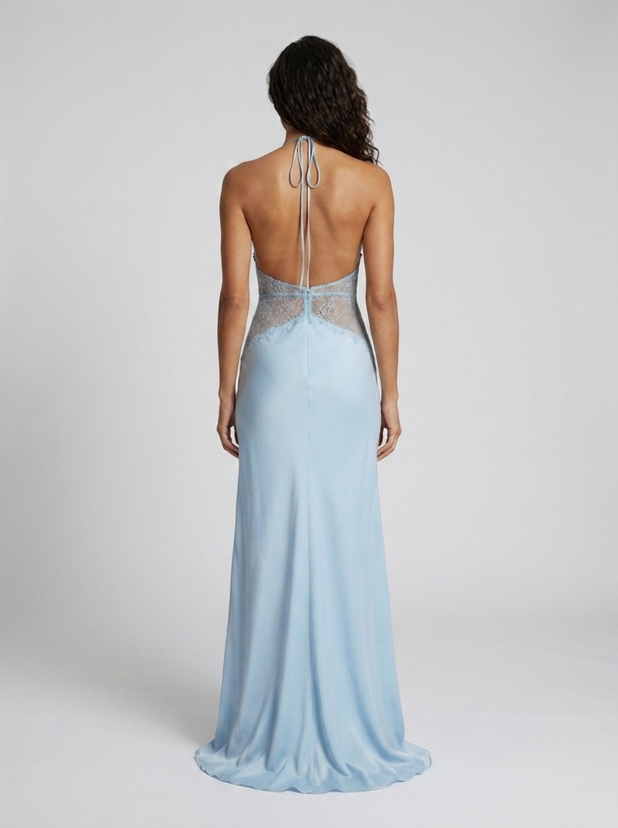 Women's Plunge Halter Lace Waist Formal Maxi Dress - Baby Blue