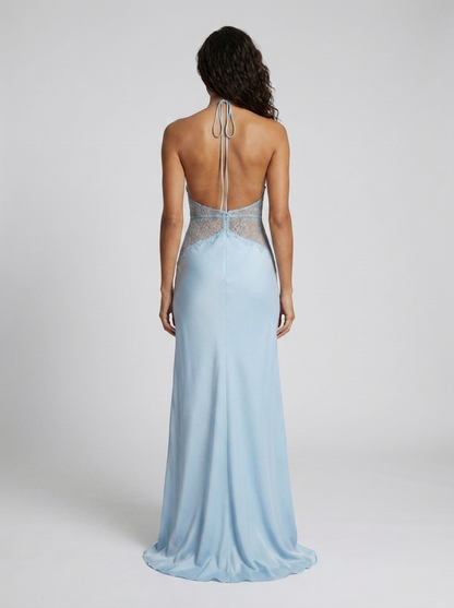Women's Plunge Halter Lace Waist Formal Maxi Dress - Baby Blue