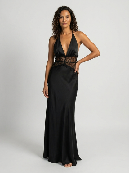 Women's Plunge Halter Lace Waist Formal Maxi Dress - Black