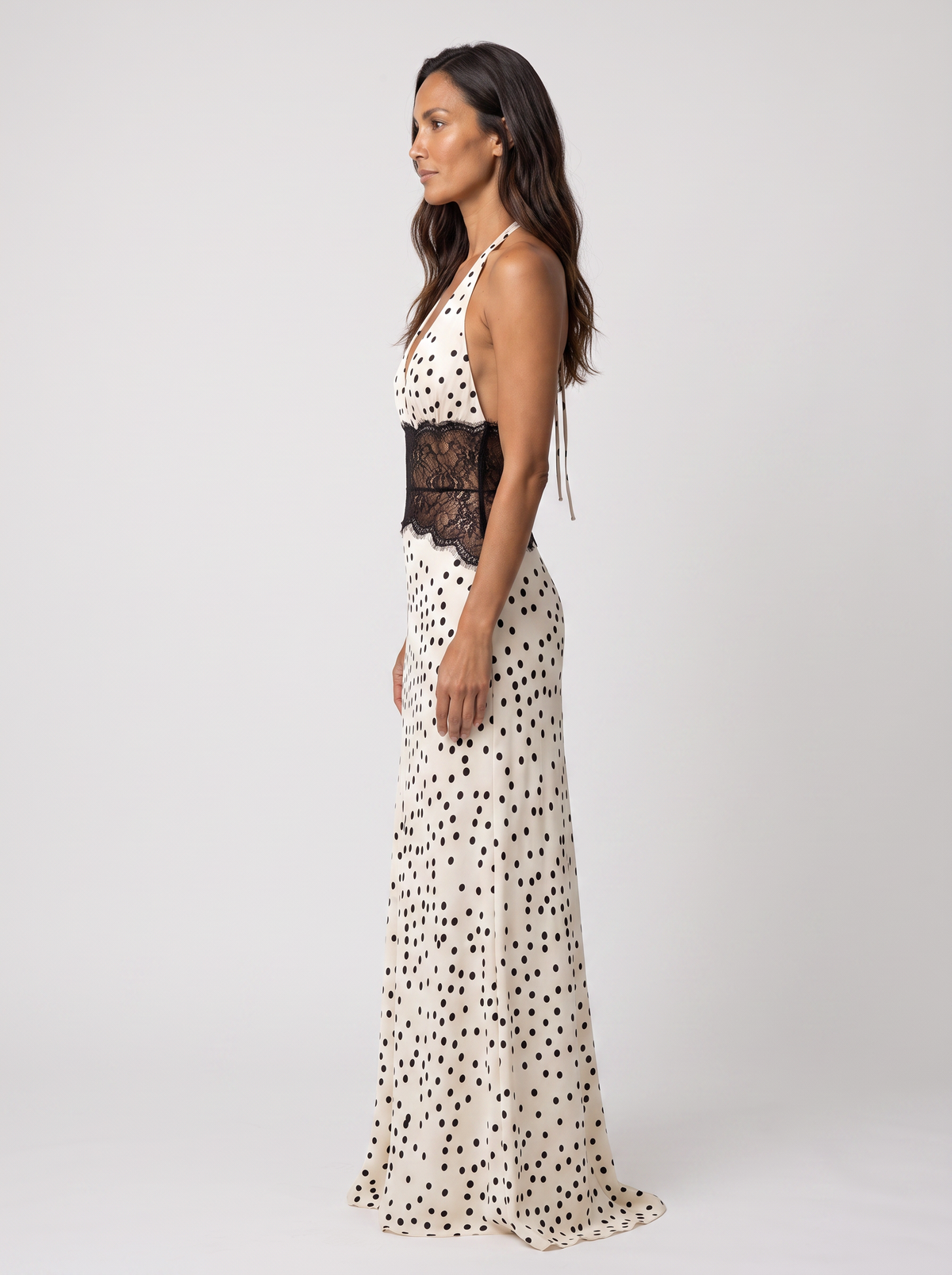 Women's Plunge Halter Lace Waist Formal Maxi Dress - Cream Polka Dot