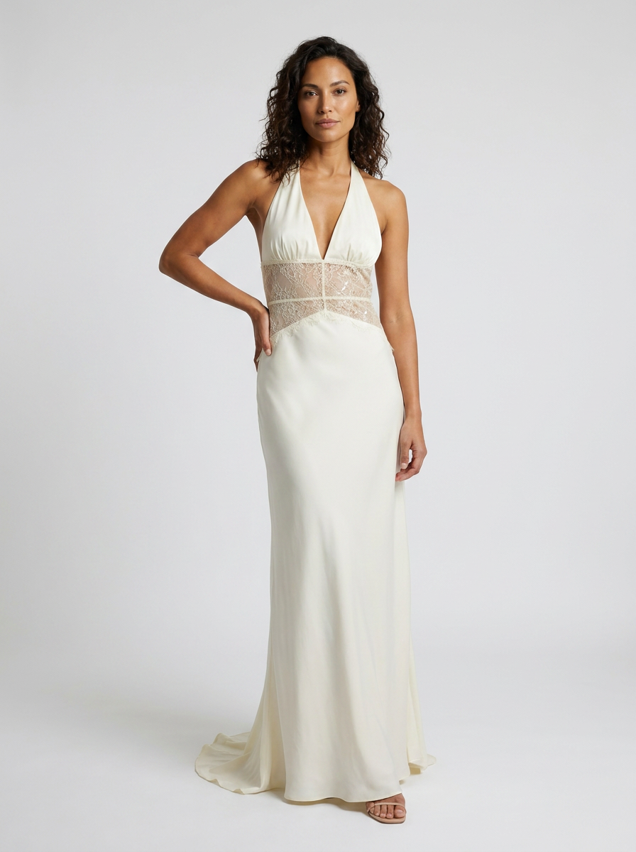 Women's Plunge Halter Lace Waist Formal Maxi Dress - Ivory