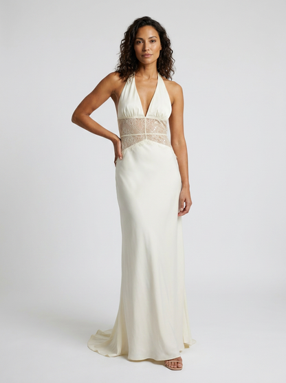 Women's Plunge Halter Lace Waist Formal Maxi Dress - Ivory