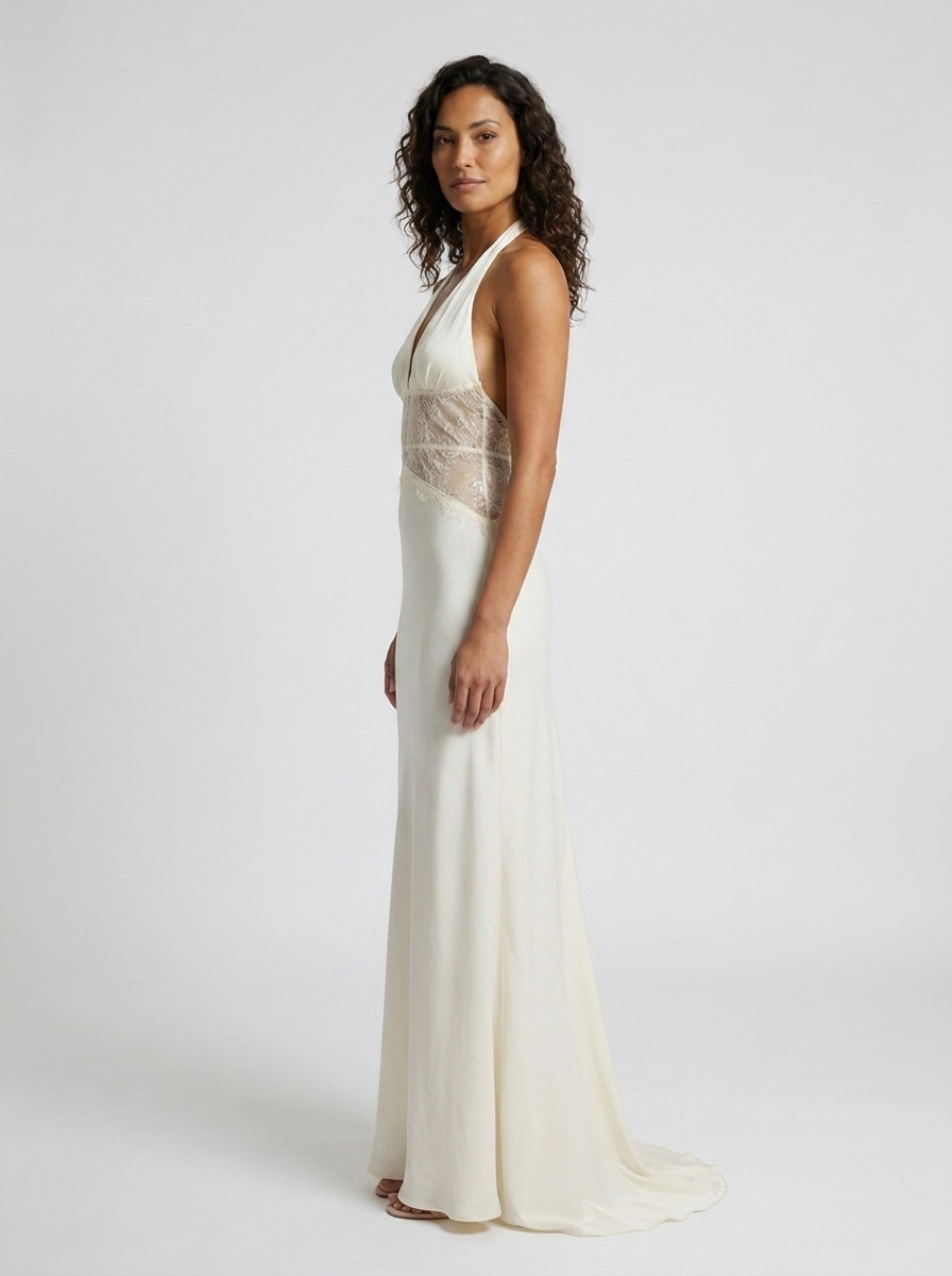 Women's Plunge Halter Lace Waist Formal Maxi Dress - Ivory