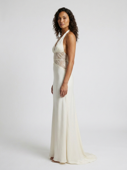 Women's Plunge Halter Lace Waist Formal Maxi Dress - Ivory