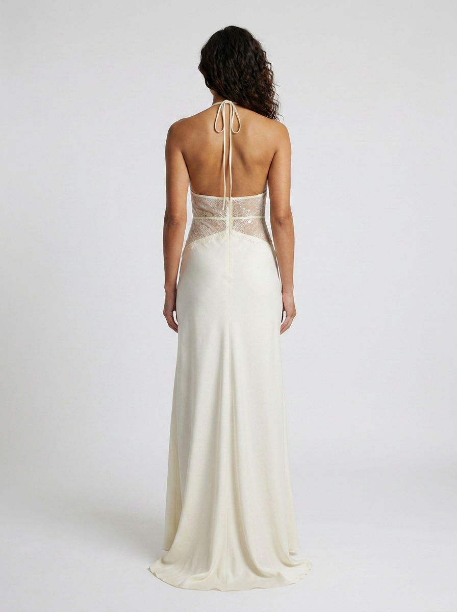 Women's Plunge Halter Lace Waist Formal Maxi Dress - Ivory