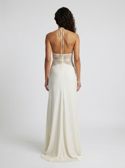 Women's Plunge Halter Lace Waist Formal Maxi Dress - Ivory