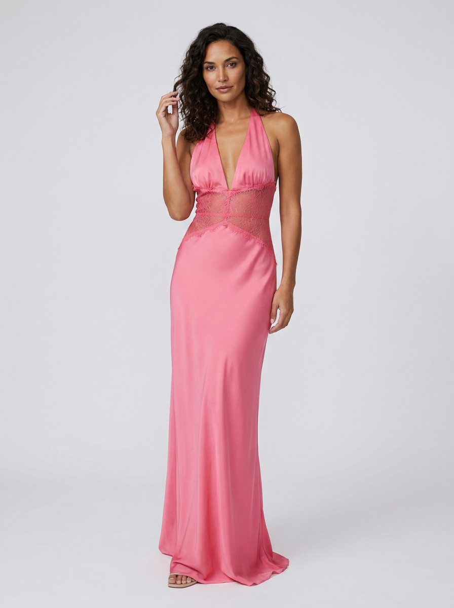 Women's Plunge Halter Lace Waist Formal Maxi Dress - Pink