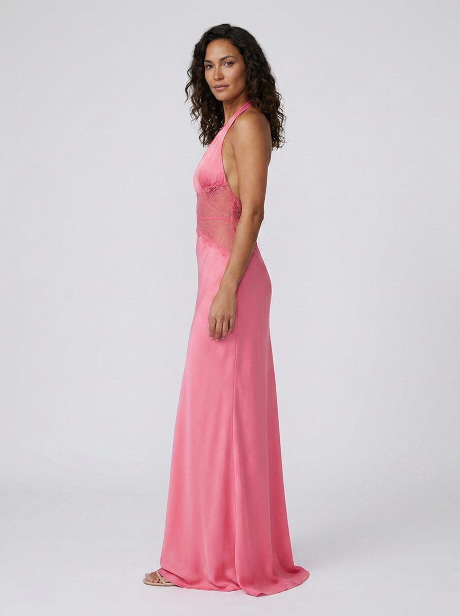 Women's Plunge Halter Lace Waist Formal Maxi Dress - Pink