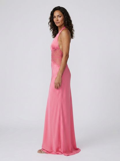 Women's Plunge Halter Lace Waist Formal Maxi Dress - Pink