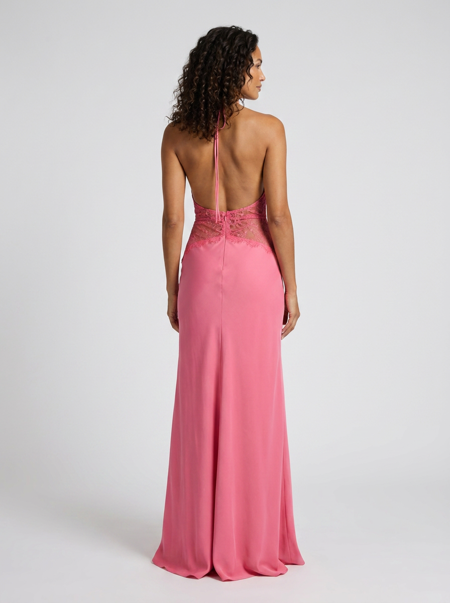 Women's Plunge Halter Lace Waist Formal Maxi Dress - Pink