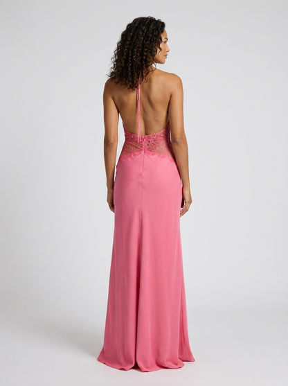Women's Plunge Halter Lace Waist Formal Maxi Dress - Pink