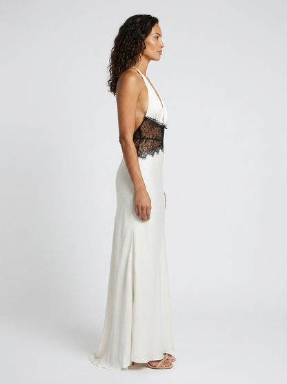 Women's Plunge Halter Lace Waist Formal Maxi Dress - White and Black