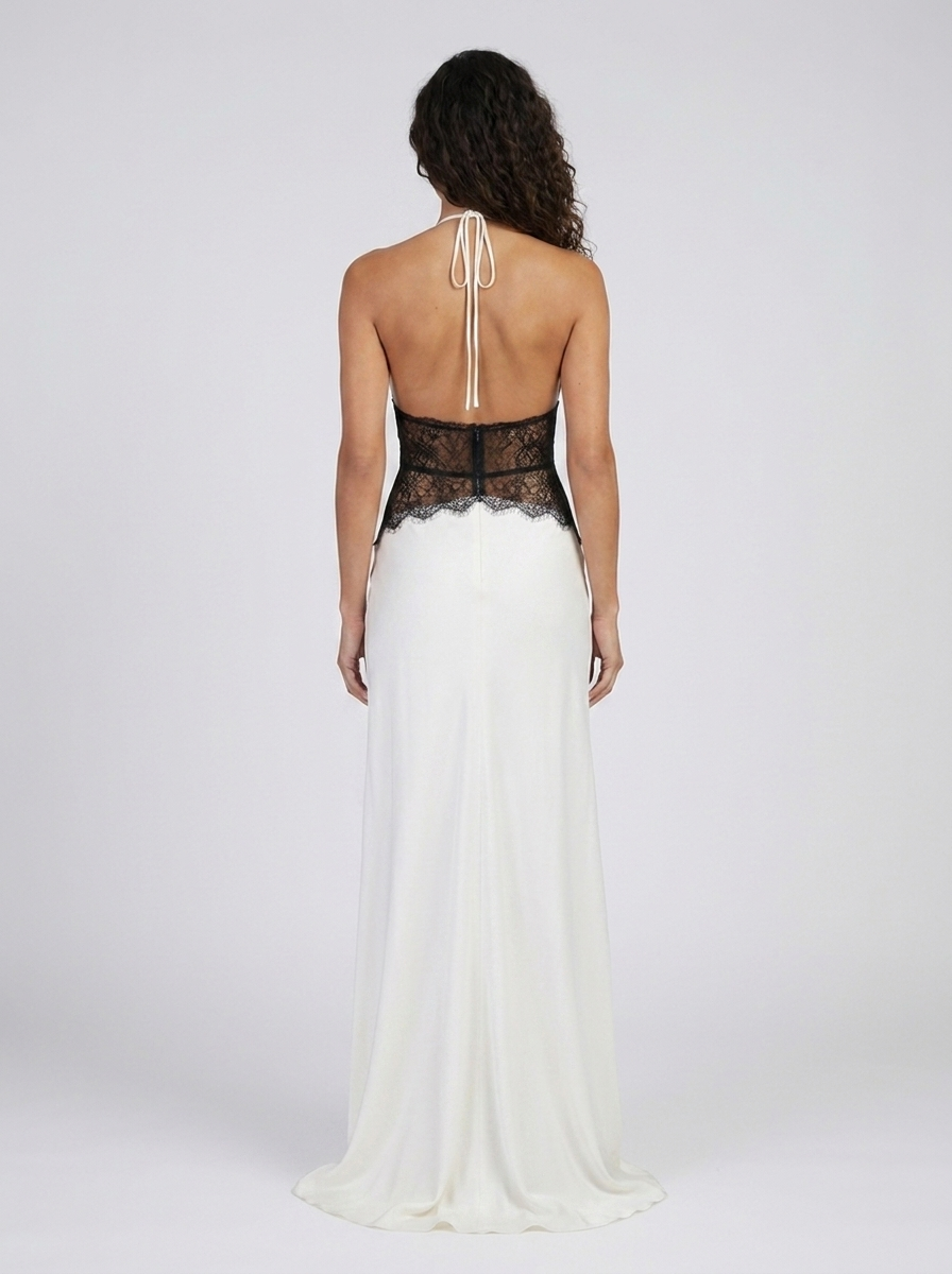 Women's Plunge Halter Lace Waist Formal Maxi Dress - White and Black