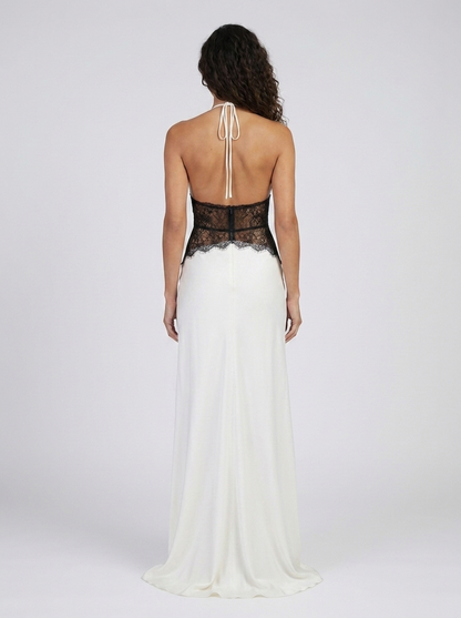 Women's Plunge Halter Lace Waist Formal Maxi Dress - White and Black