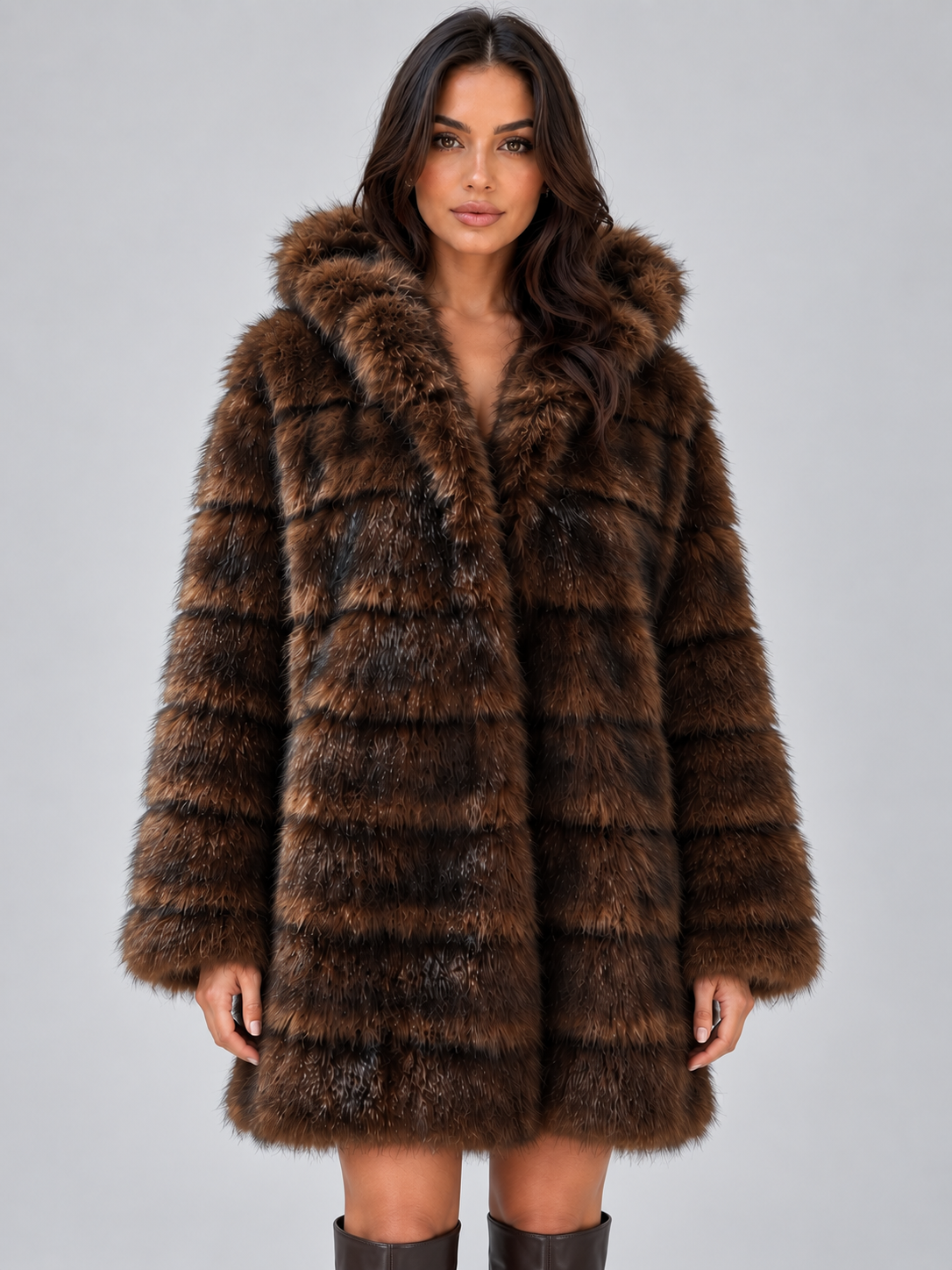 Women's Plush Faux Fur Coat in Brown - Brown