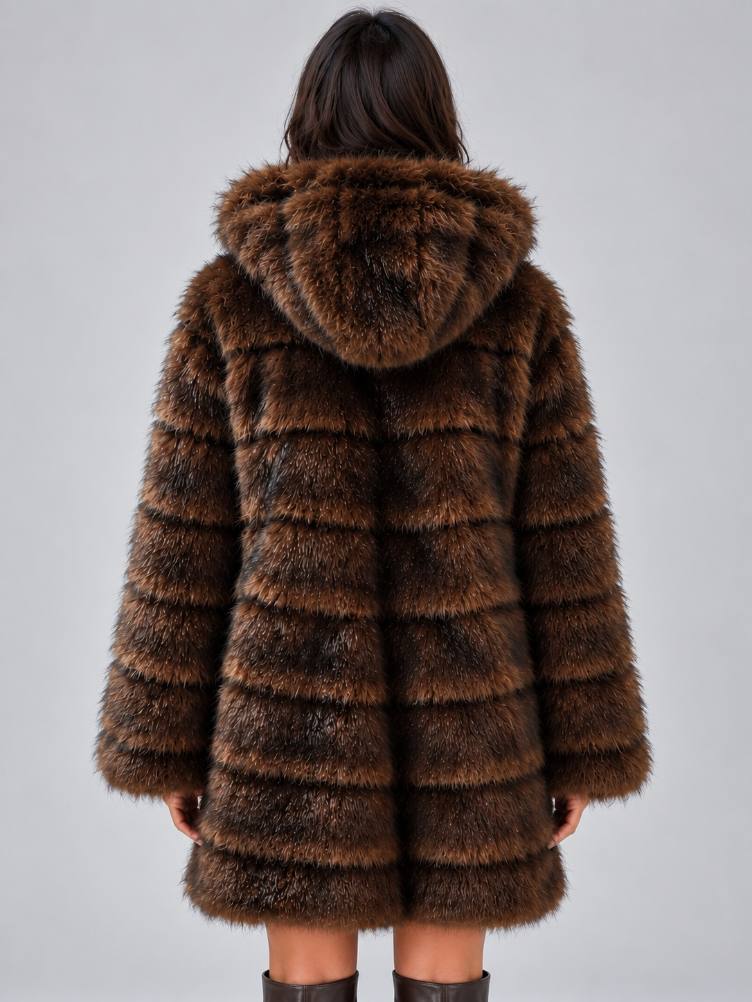 Women's Plush Faux Fur Coat in Brown - Brown