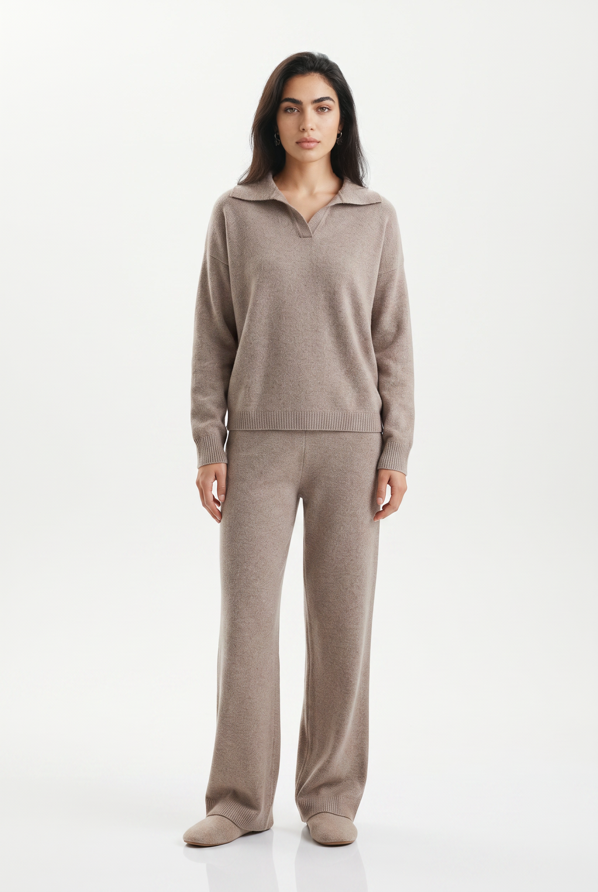 Women's Polo Collar Wide Leg Pants Set - Beige