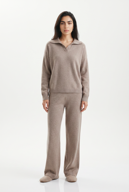 Women's Polo Collar Wide Leg Pants Set - Beige
