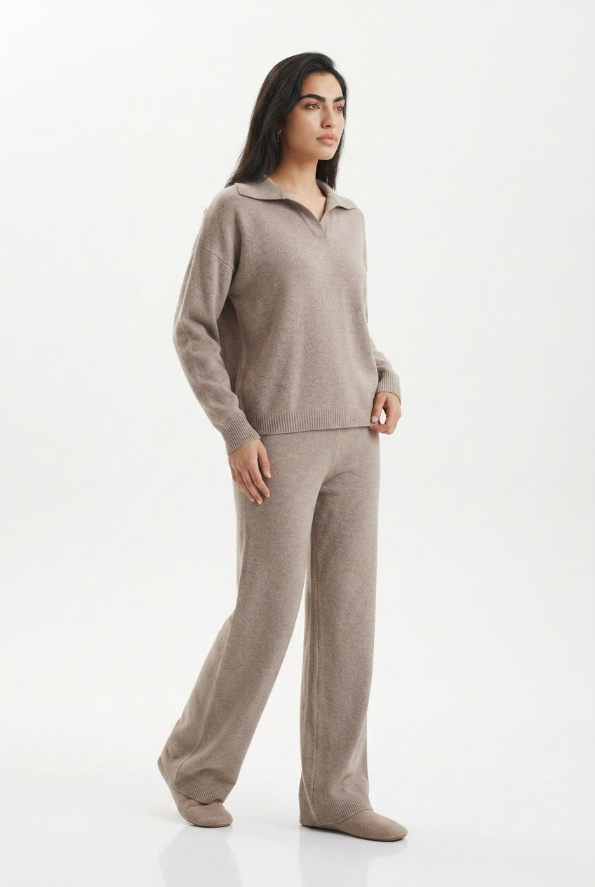 Women's Polo Collar Wide Leg Pants Set - Beige