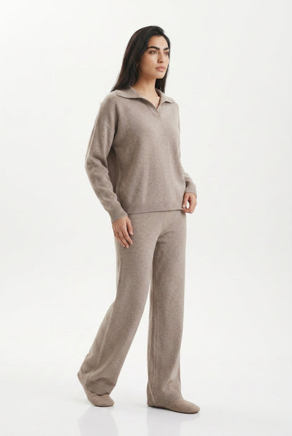 Women's Polo Collar Wide Leg Pants Set - Beige