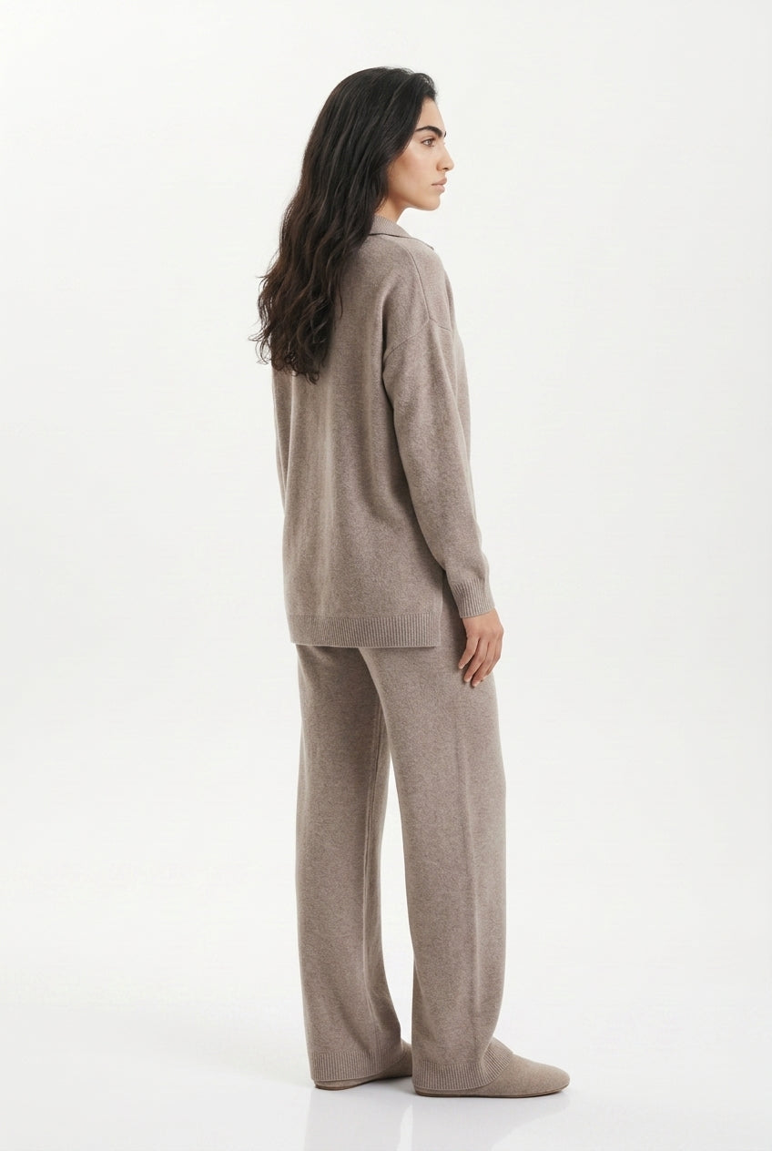 Women's Polo Collar Wide Leg Pants Set - Beige