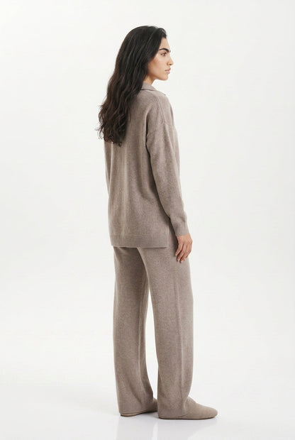 Women's Polo Collar Wide Leg Pants Set - Beige