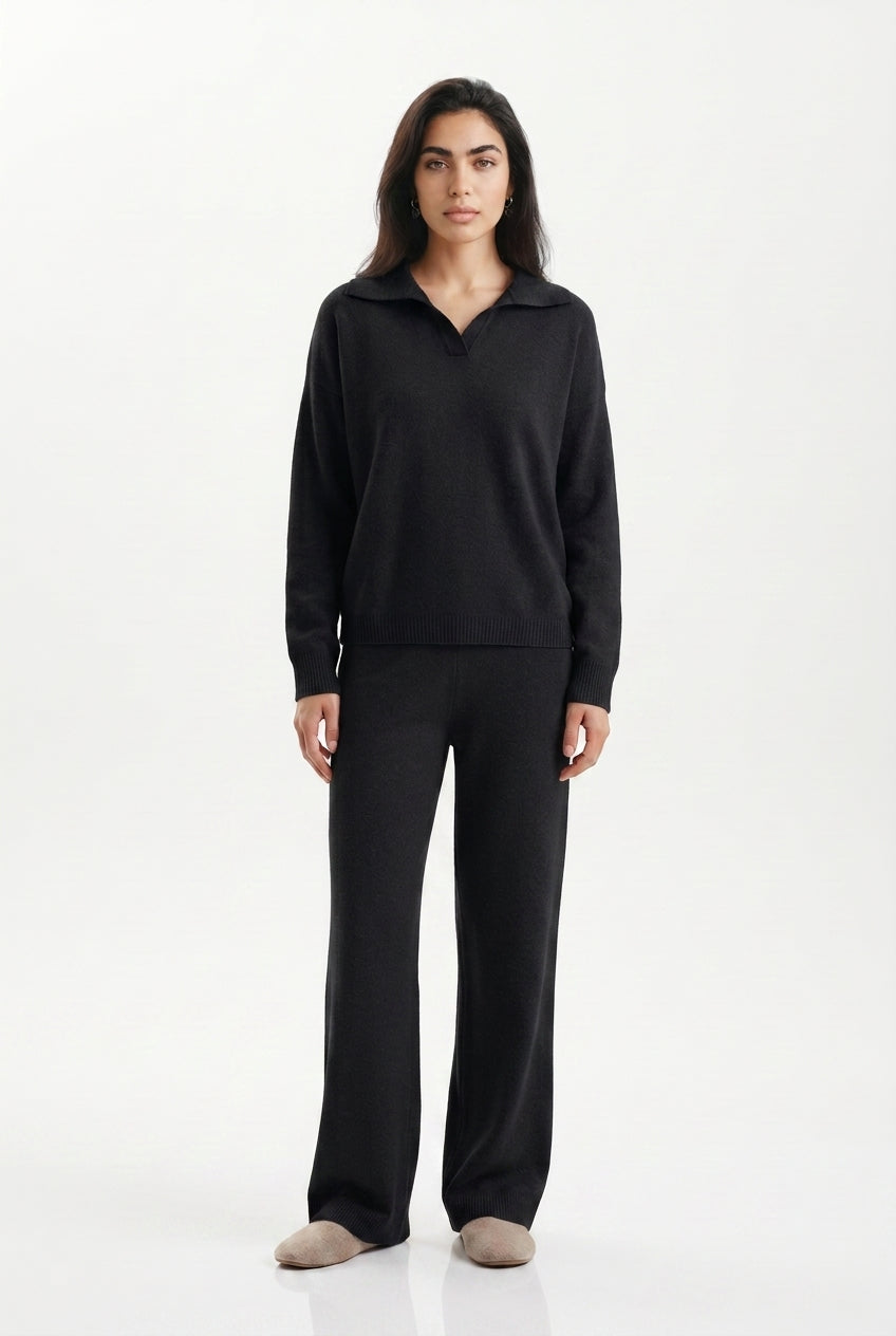 Women's Polo Collar Wide Leg Pants Set - Black