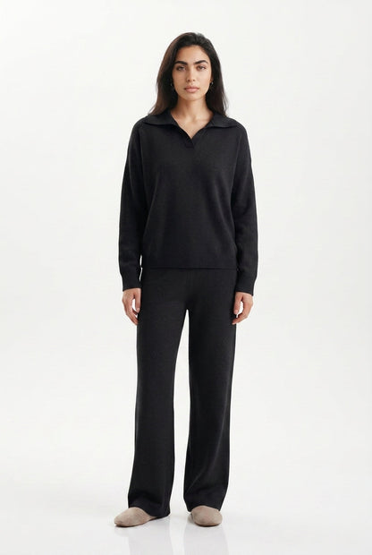 Women's Polo Collar Wide Leg Pants Set - Black
