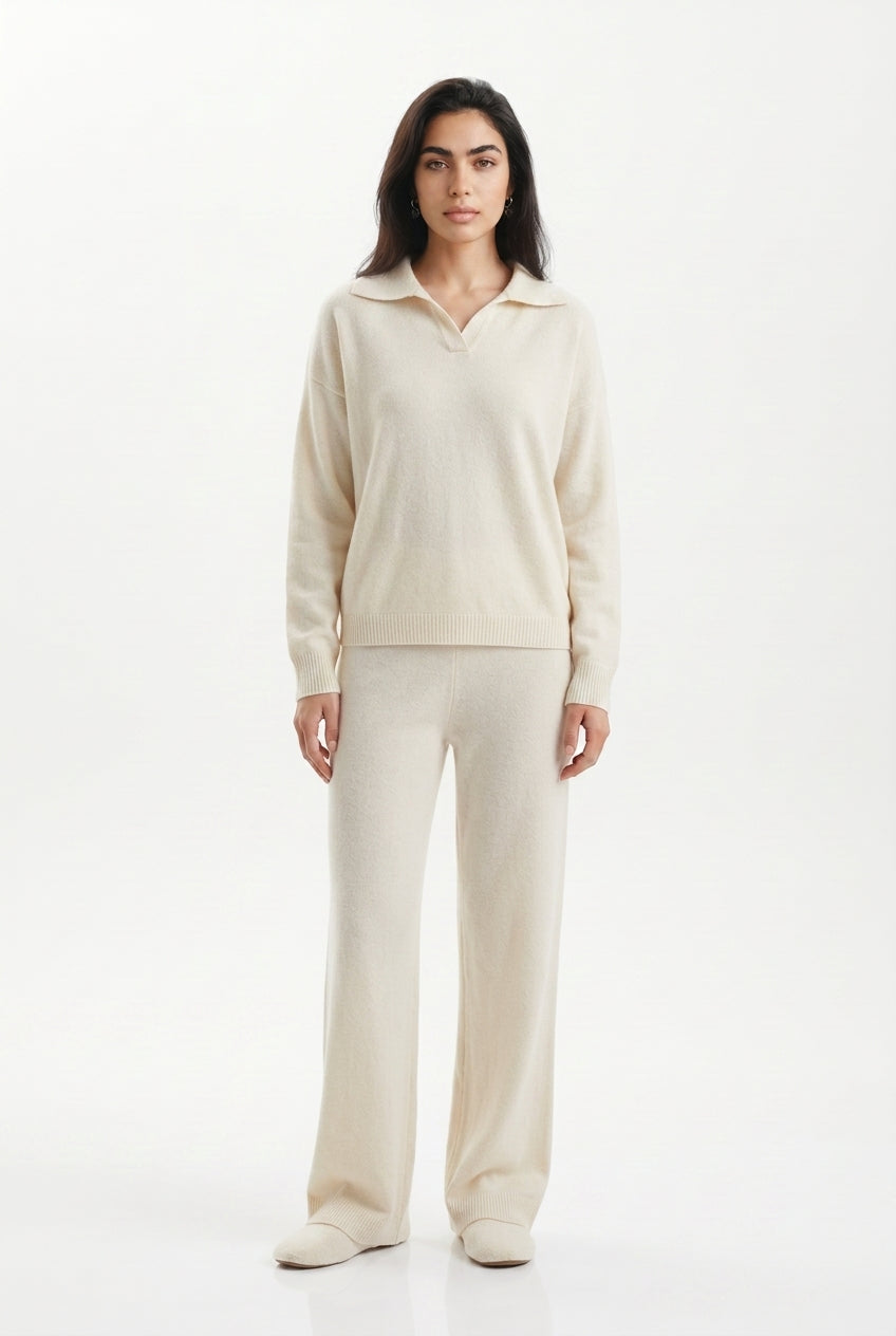 Women's Polo Collar Wide Leg Pants Set - Cream