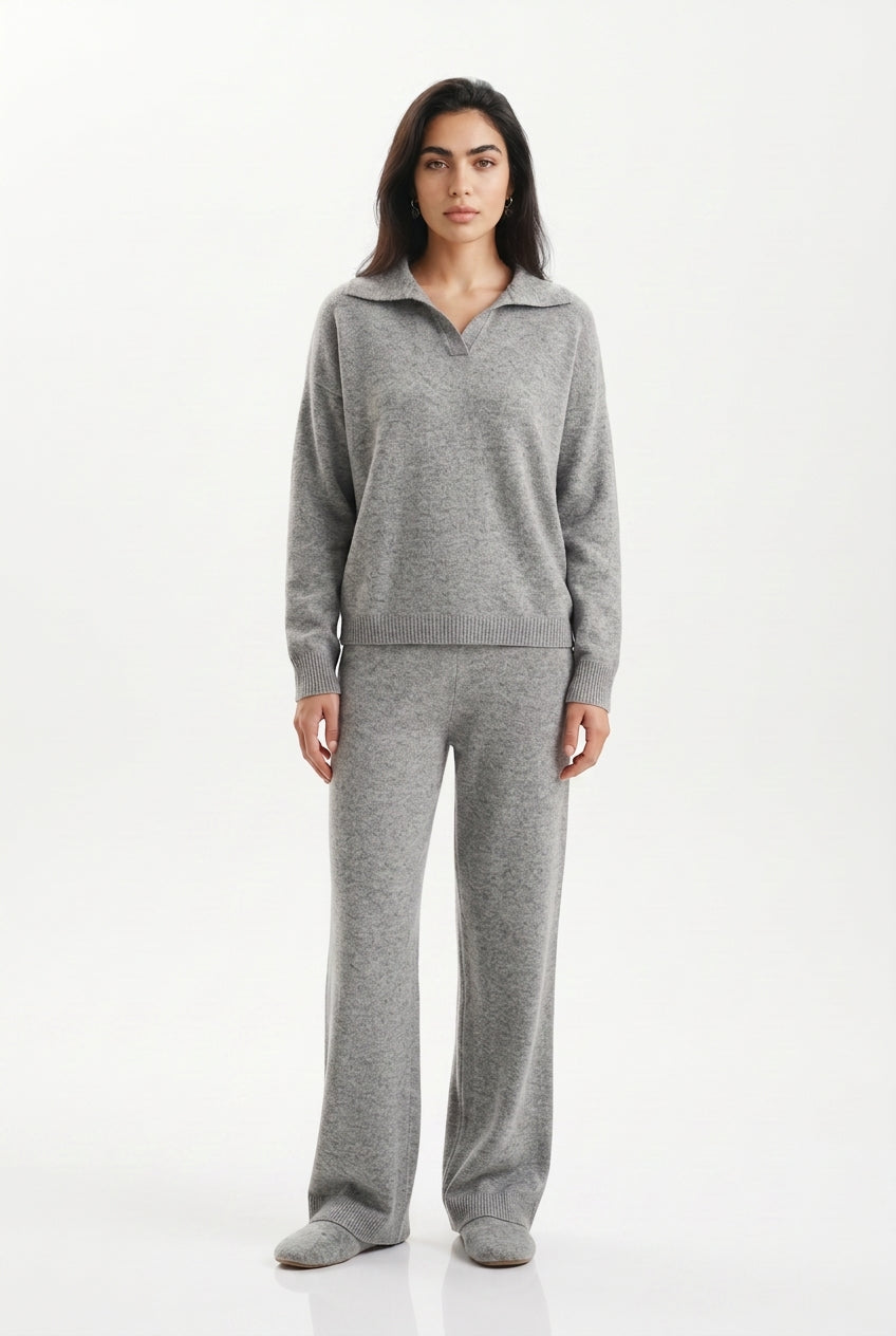 Women's Polo Collar Wide Leg Pants Set - Gray