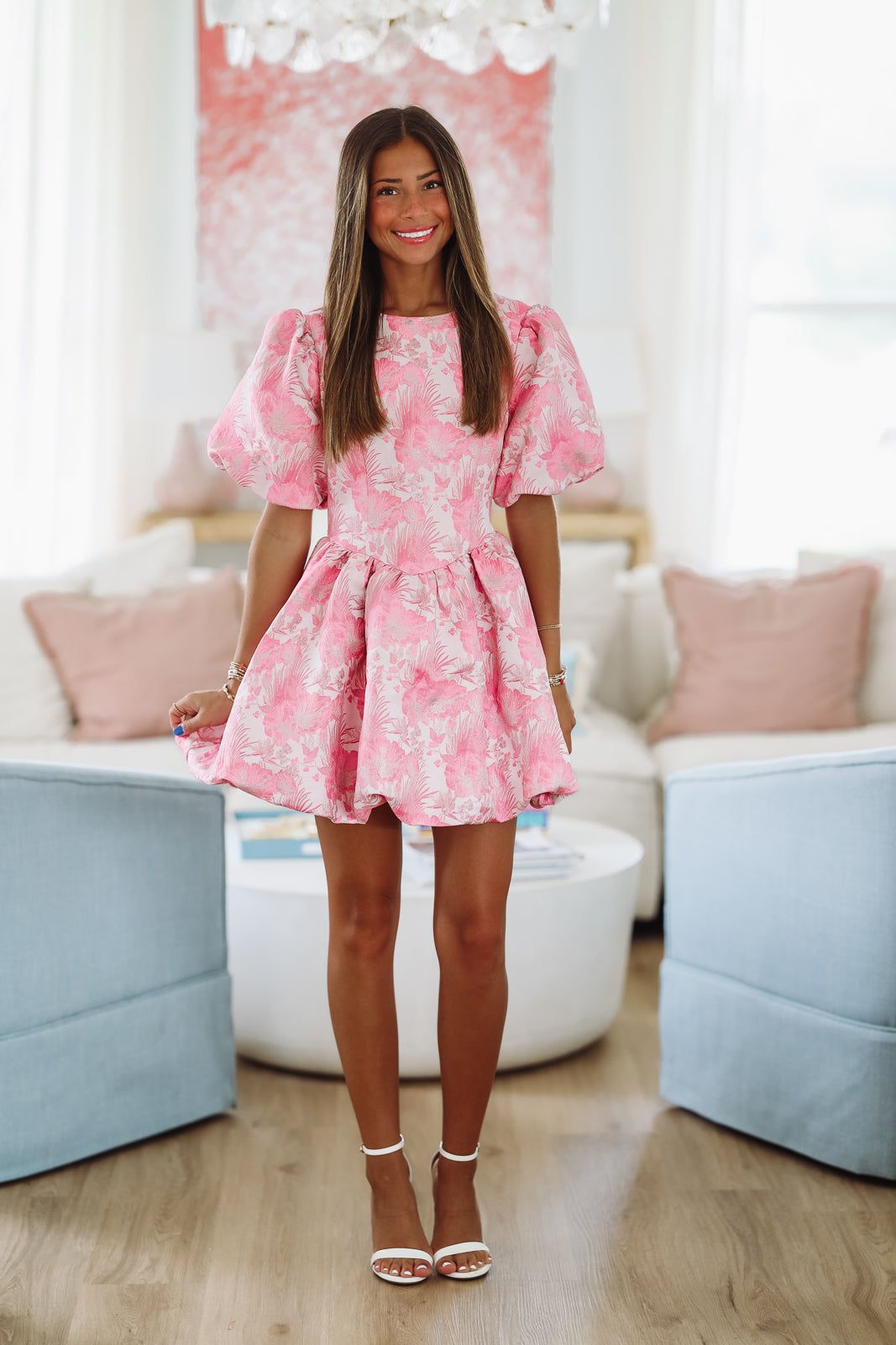 Women's Puff Sleeve Floral Satin Mini Dress - Pink Floral